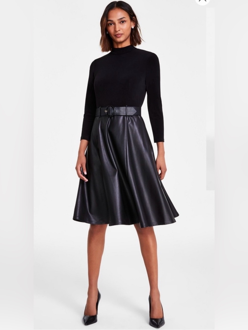 Calvin Klein Black Long-Sleeve Faux Leather Skirt Dress with Circle Buckle Belt